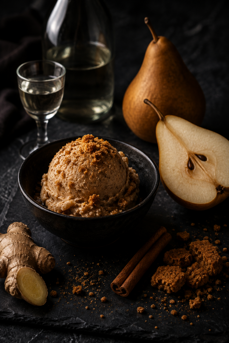 A scoop of caramel-brown ginger snap ice cream in a black ceramic bowl, with a small glass of clear pear brandy, a halved Bosc pear, cinnamon sticks, and broken ginger snap cookies on dark slate.