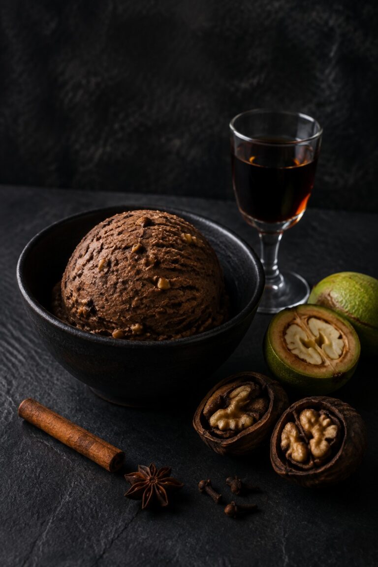 A scoop of dark nocino black walnut ice cream in a black ceramic bowl, with a small glass of nocino, halved green and black walnuts, cinnamon, star anise, and cloves on dark slate.